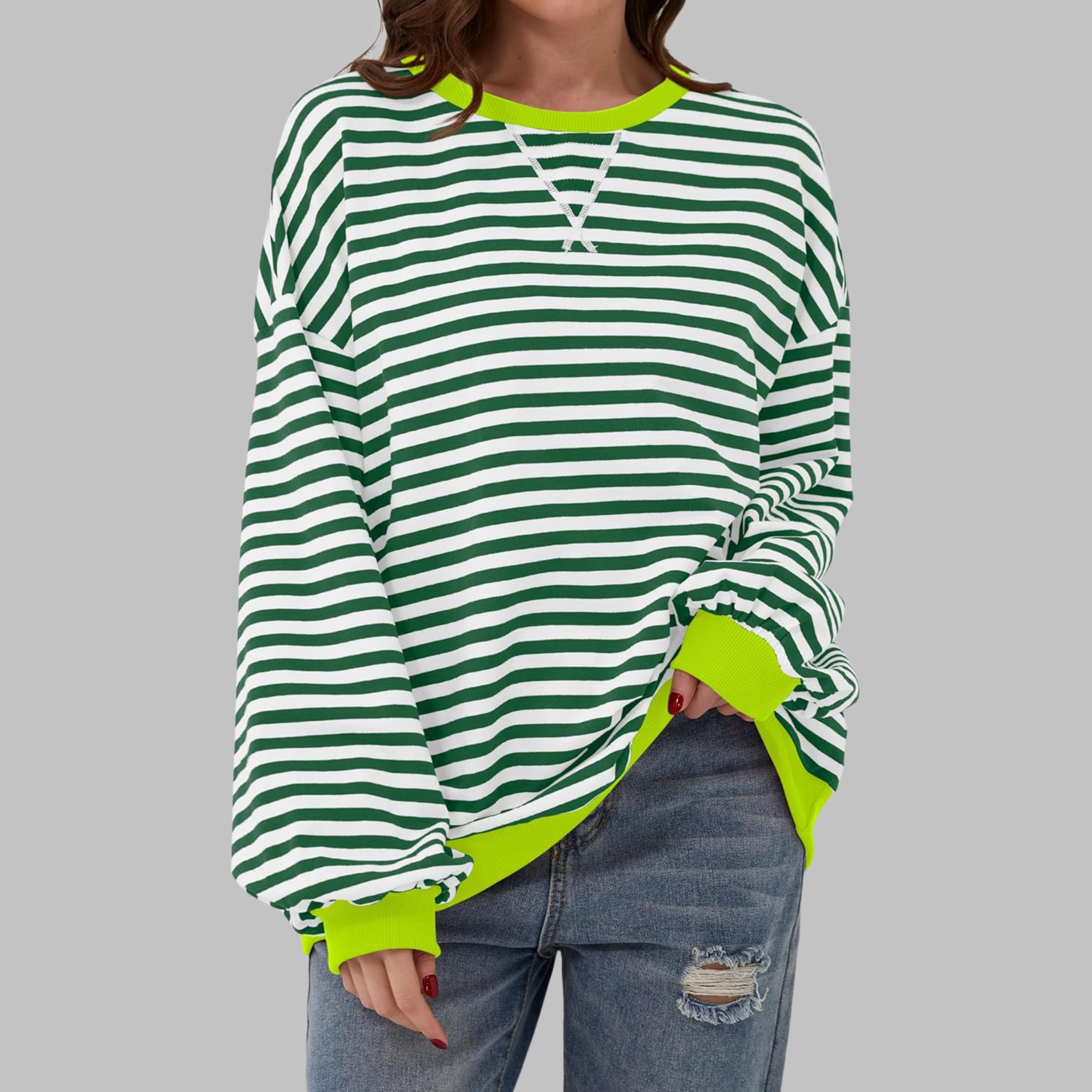 Marley Oversized Striped Sweatshirt with Retro Bands - Dark Green