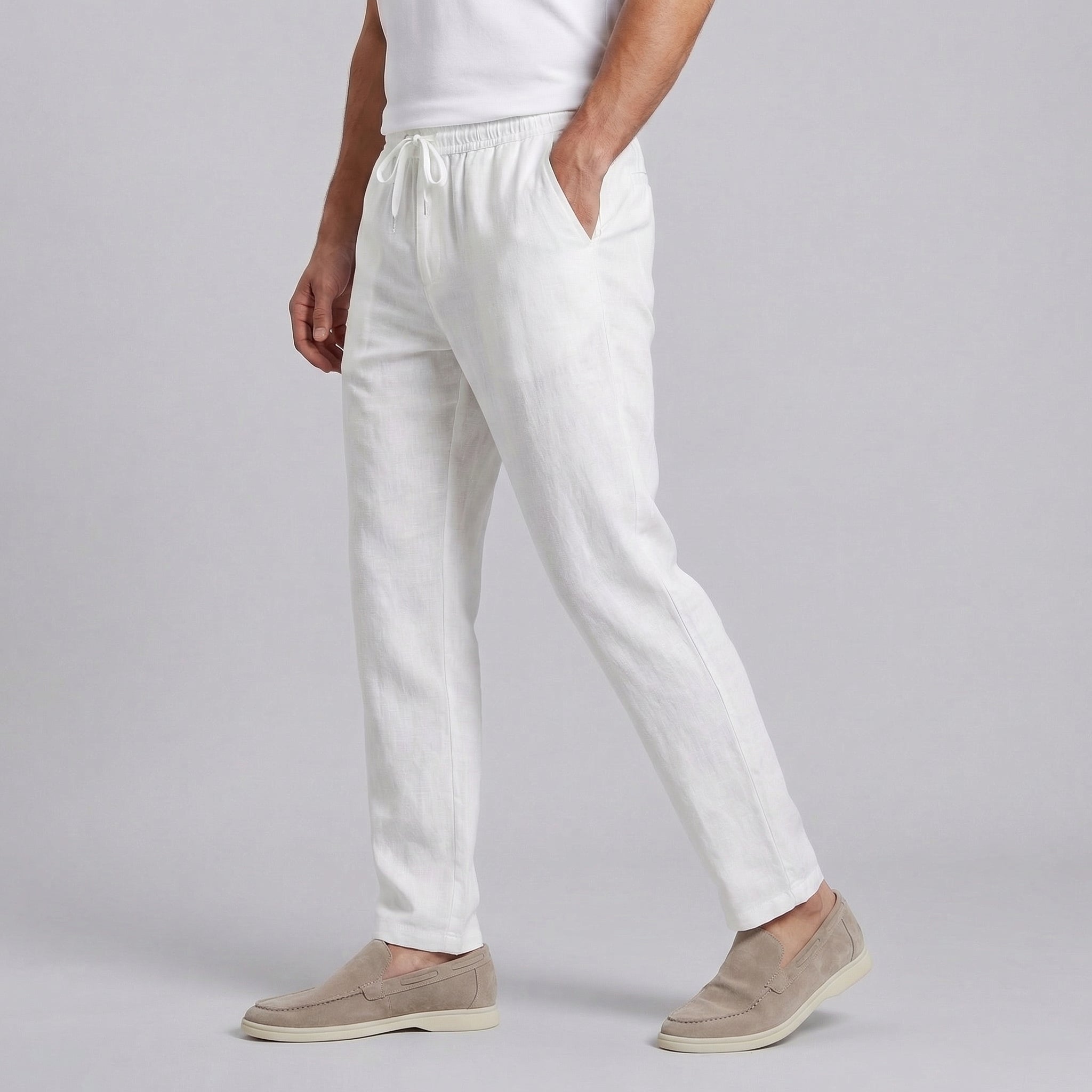 Marlon Men's Wide Leg Trousers with Drawstring Waist - White