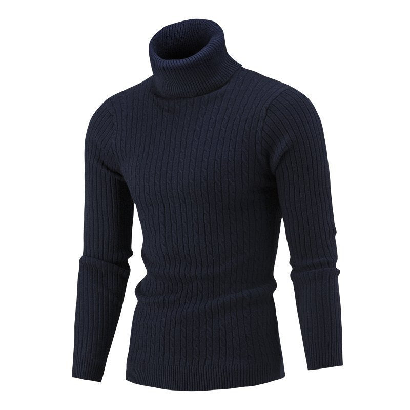 Matthias Men's Cable Turtleneck with Ribbed Trim - Navy