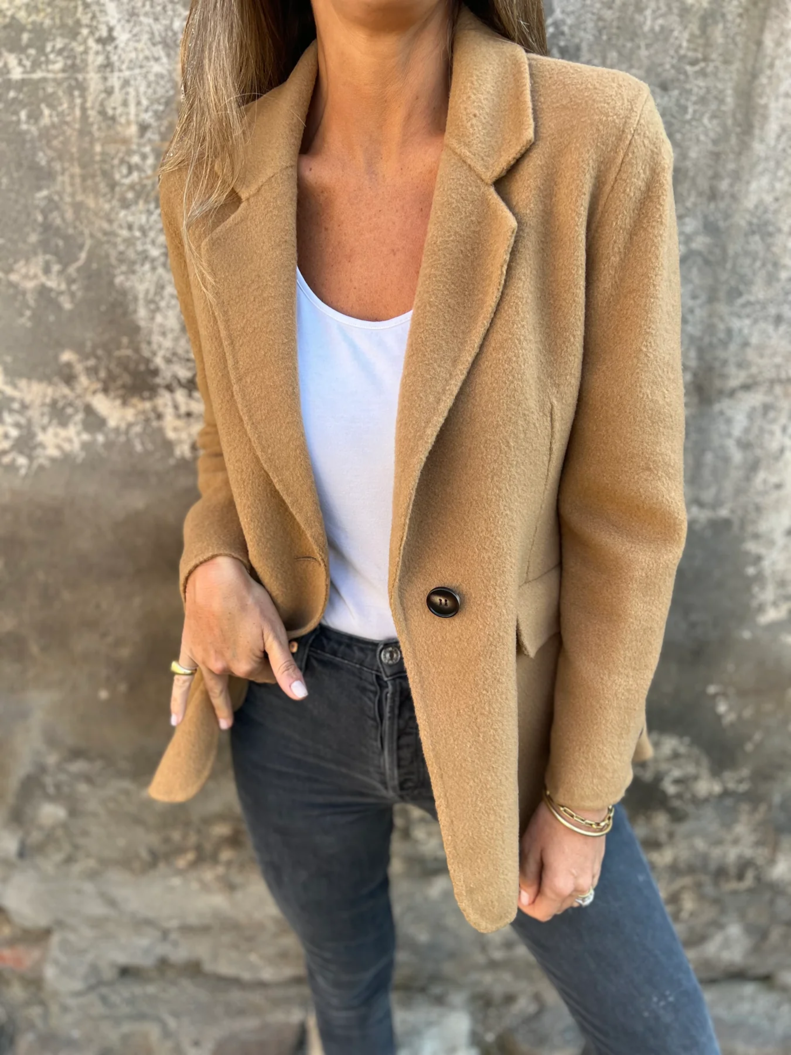 Maya Open Front Blazer with Structured Shoulders - Khaki