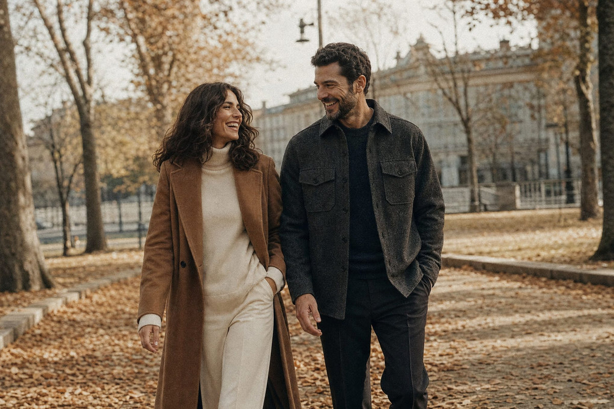 Mirazoe autumn campaign: couple walking through a park with fallen leaves