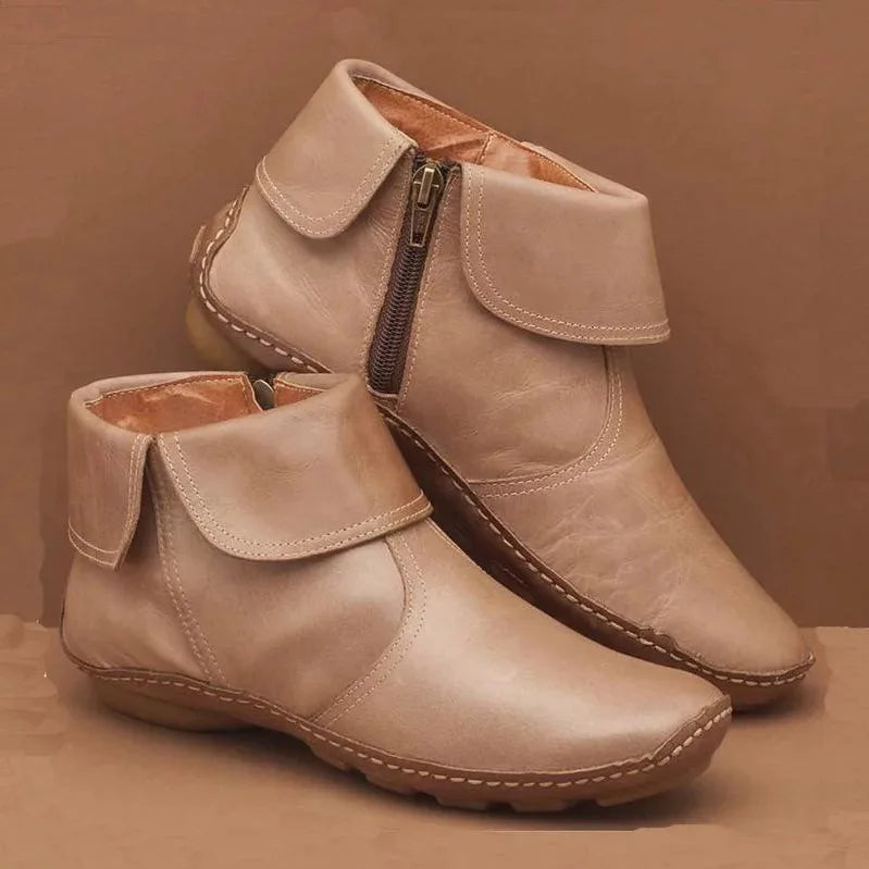 Mirelda Vintage Ankle Boots with Lace-Up Front - Beige