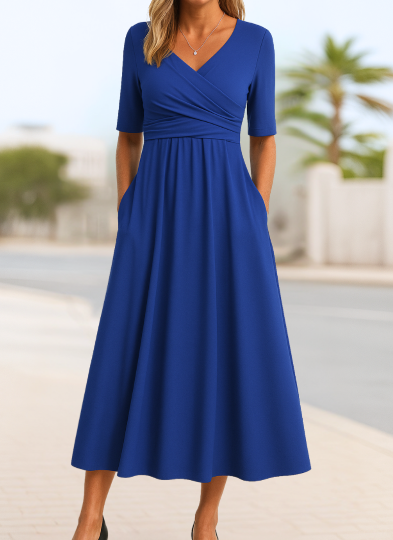 Monica Crossover Midi Dress with Elbow Sleeves and Pockets - Navy