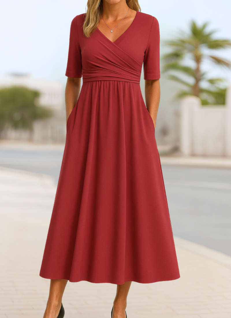 Monica Crossover Midi Dress with Elbow Sleeves and Pockets - Red