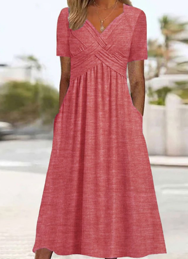 Monica Crossover Midi Dress with Elbow Sleeves and Pockets - Pink