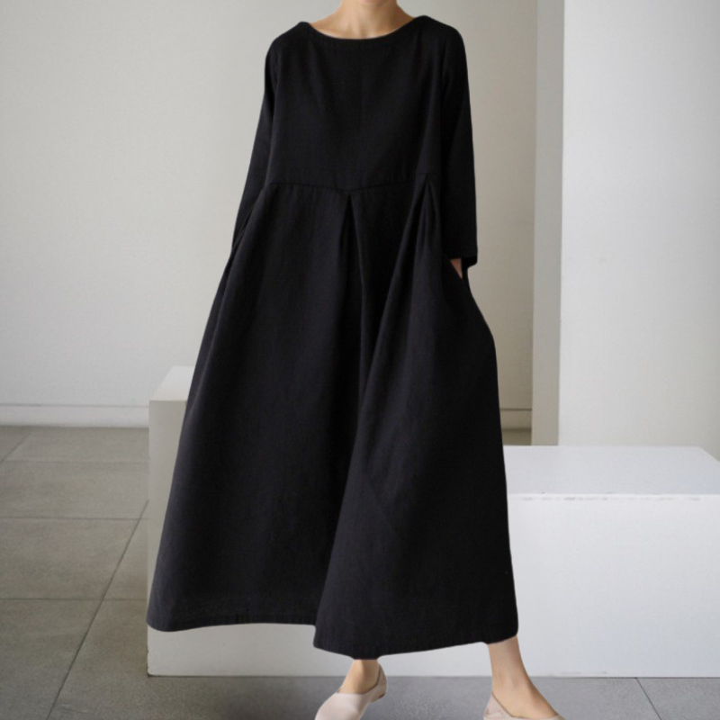 Nemia Tiered Maxi Dress with Long Sleeves and Panel Seams - Black