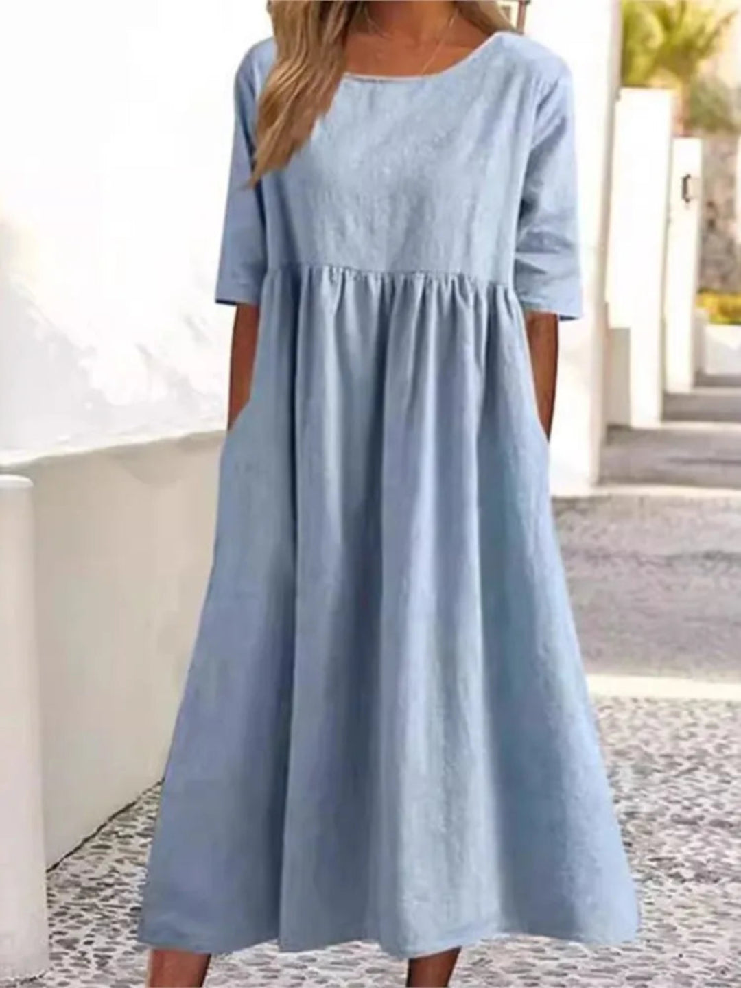 Norie Maxi Dress with Short Sleeves, Side Slits and Level Hem - Light Blue