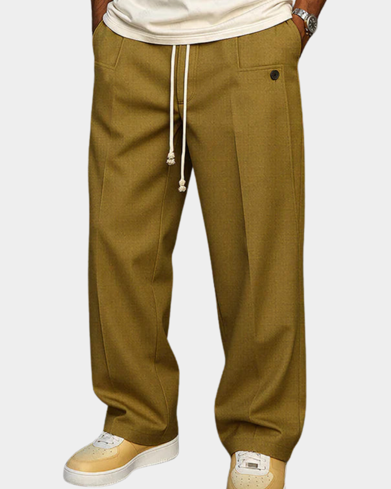 Olivio Men's Drawstring Trousers with Tapered Cut - Khaki