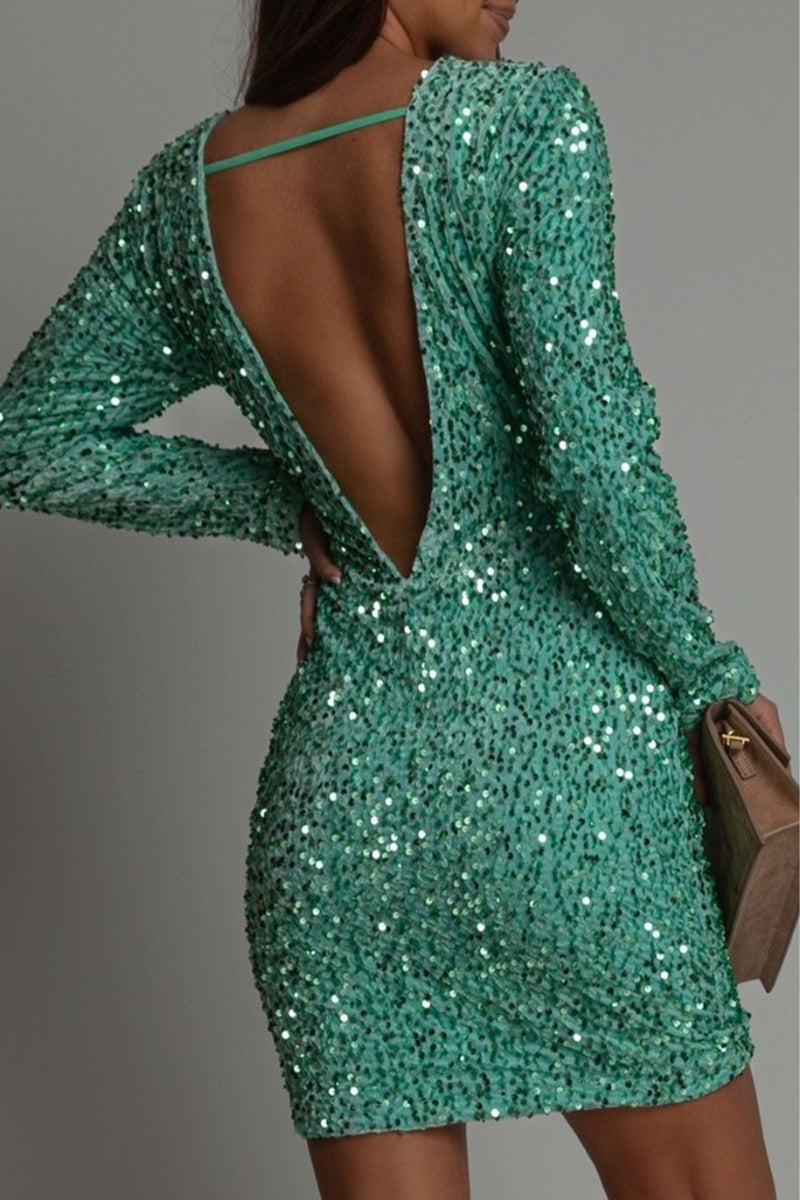 Ollie Sequin Mini Dress with Open Back and High Neckline - Cyan