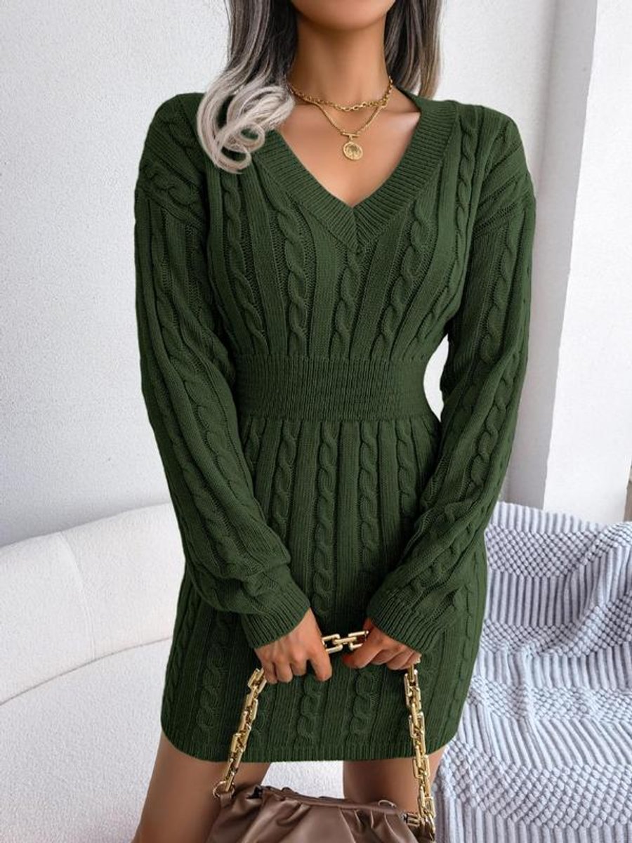 Paula Cable Knit Dress with V-Neck and Ribbed Cuffs - Army Green