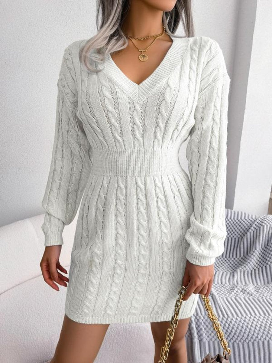 Paula Cable Knit Dress with V-Neck and Ribbed Cuffs - Cream White