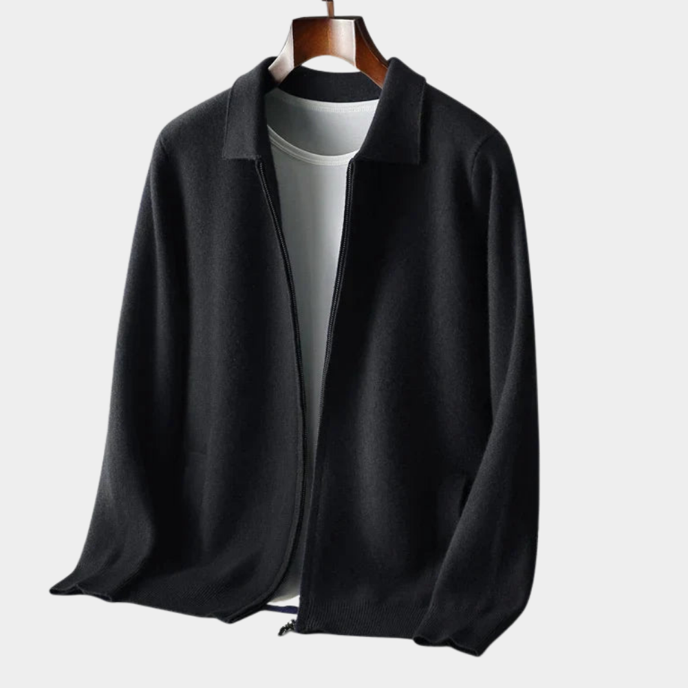 Rafelio Men's Zip Cardigan with Stand Collar and Ribbed Trim - Black