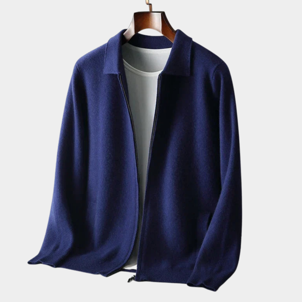 Rafelio Men's Zip Cardigan with Stand Collar and Ribbed Trim - Royal Navy