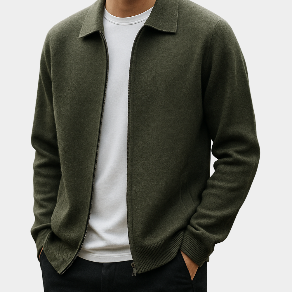 Rafelio Men's Zip Cardigan with Stand Collar and Ribbed Trim - Olive Green