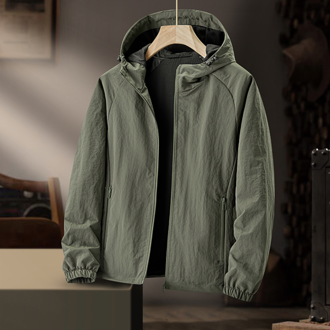 Rennie Men's Hooded Jacket with Drawcord Hem and Zip Pockets - Army Green