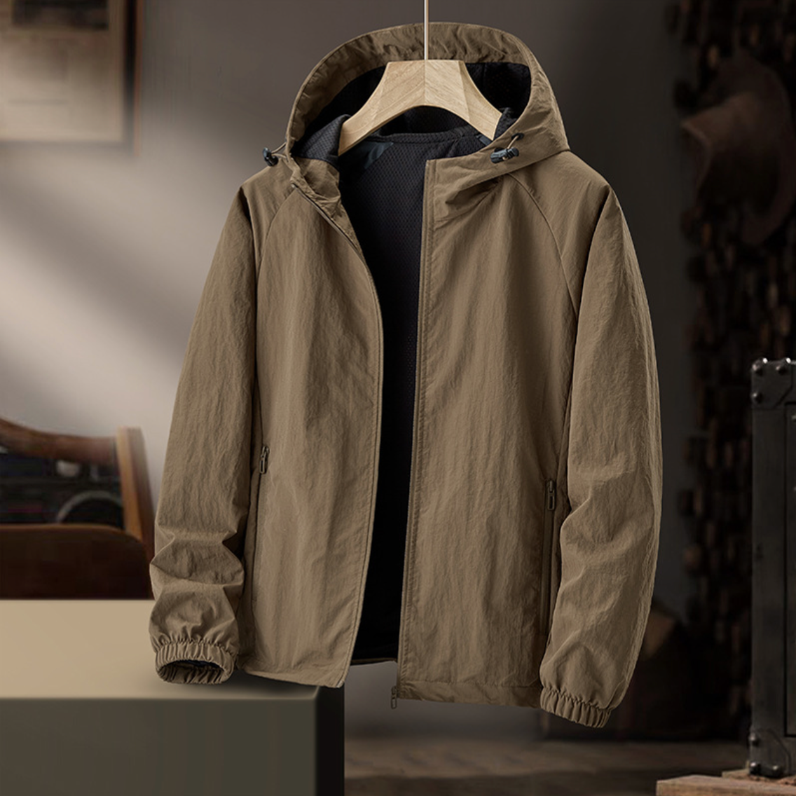 Rennie Men's Hooded Jacket with Drawcord Hem and Zip Pockets - Brown