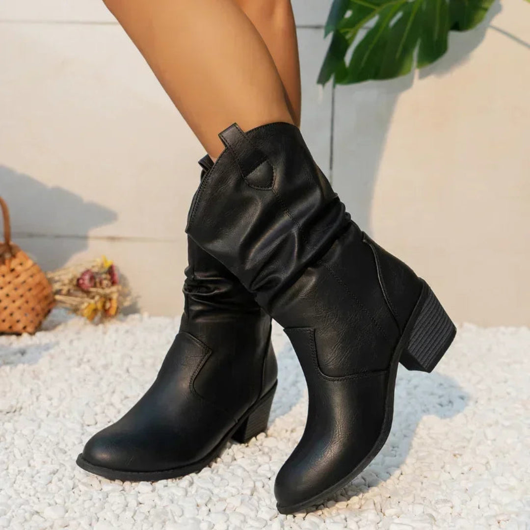 Romina Slouch Boots with Western Silhouette and Pull Tabs - Black