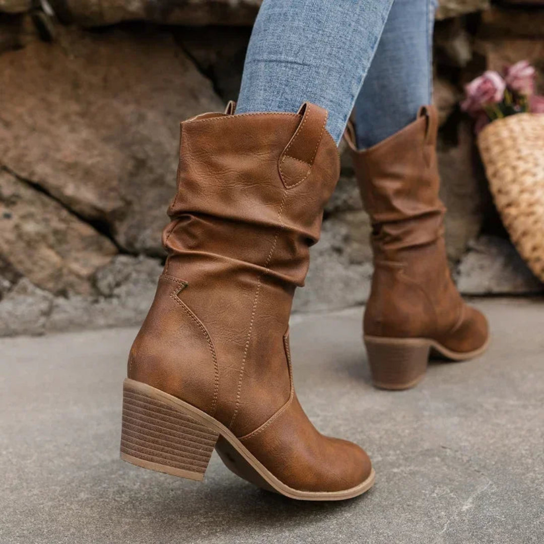 Romina Slouch Boots with Western Silhouette and Pull Tabs - Brown