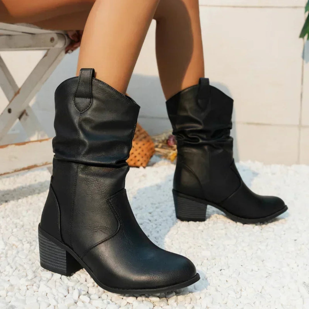 Romina Slouch Boots with Western Silhouette and Pull Tabs - Black