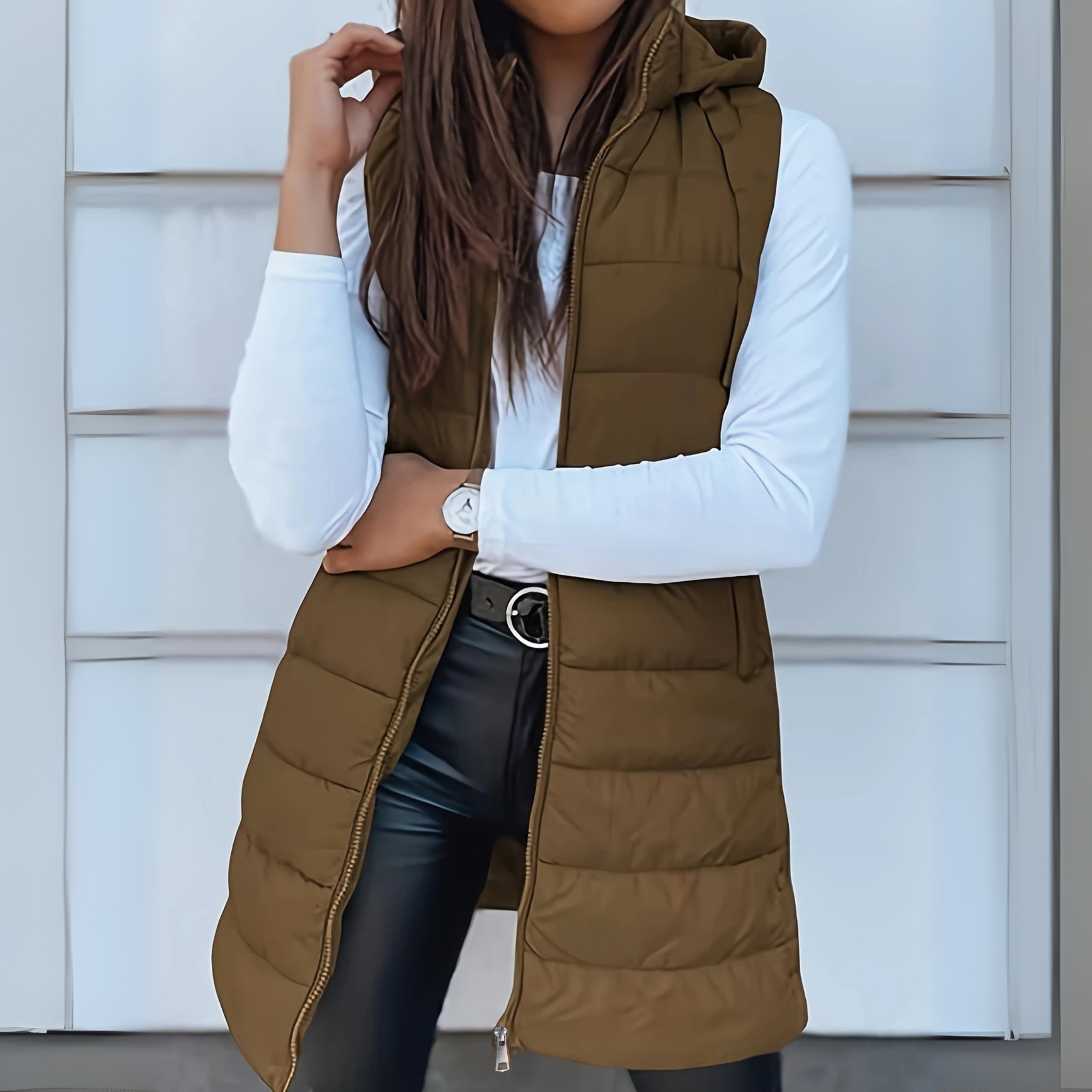 Romy Longline Puffer Vest with Hood and Snap-Free Zip Front - Khaki