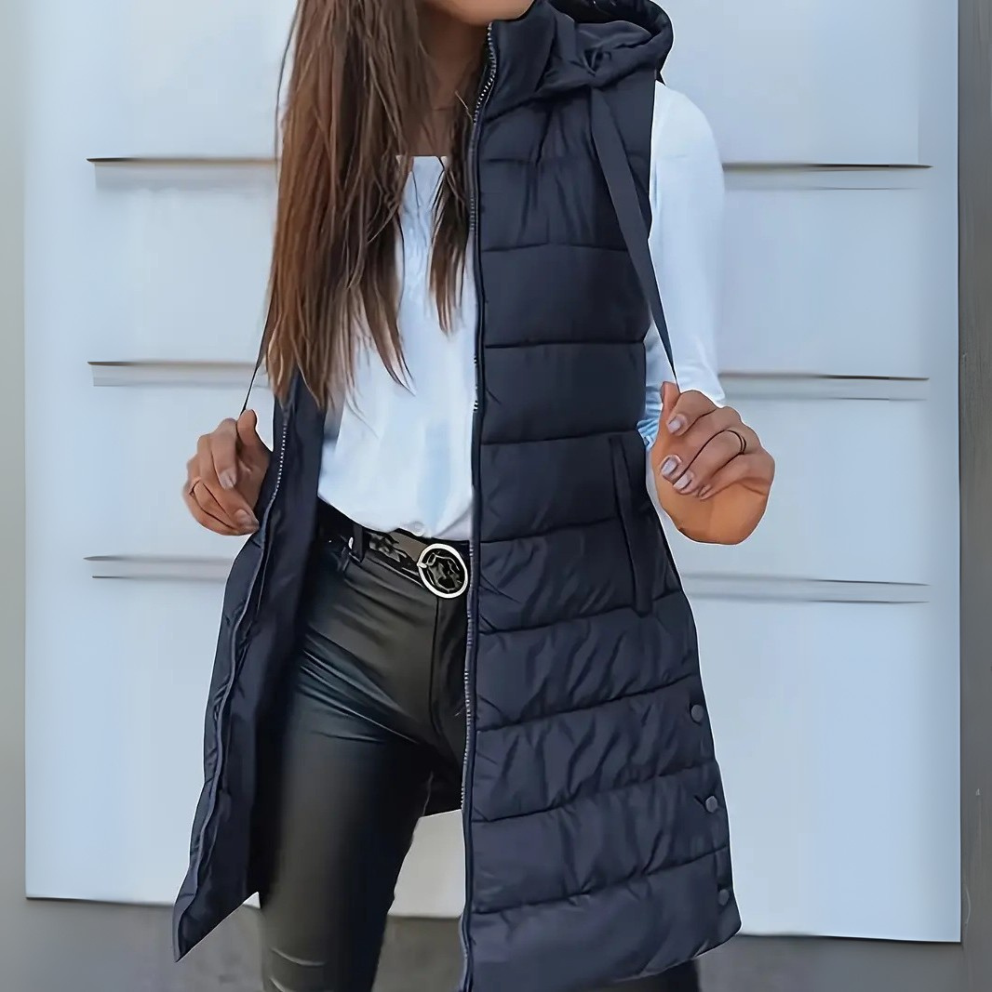 Romy Longline Puffer Vest with Hood and Snap-Free Zip Front - Navy