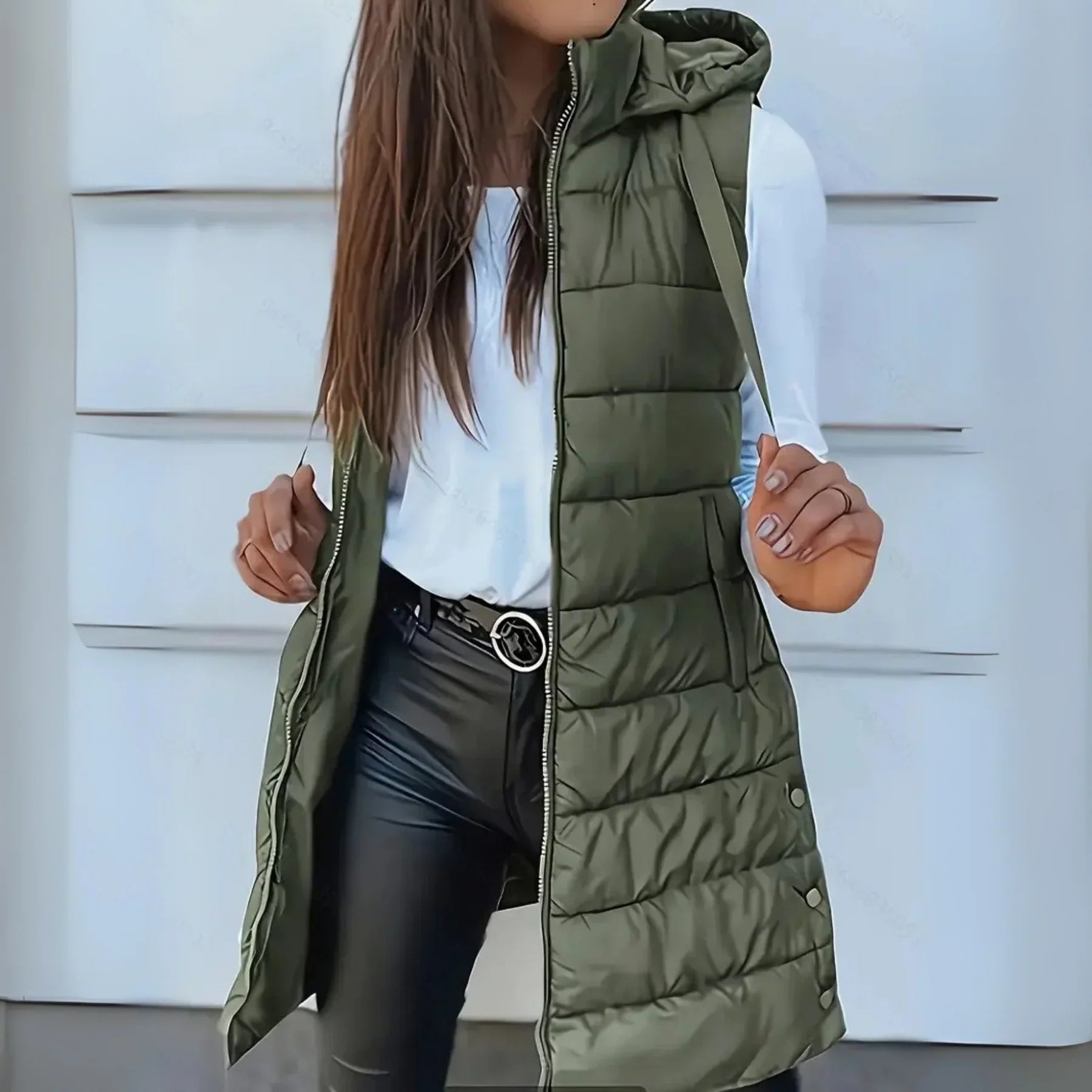 Romy Longline Puffer Vest with Hood and Snap-Free Zip Front - Olive Green