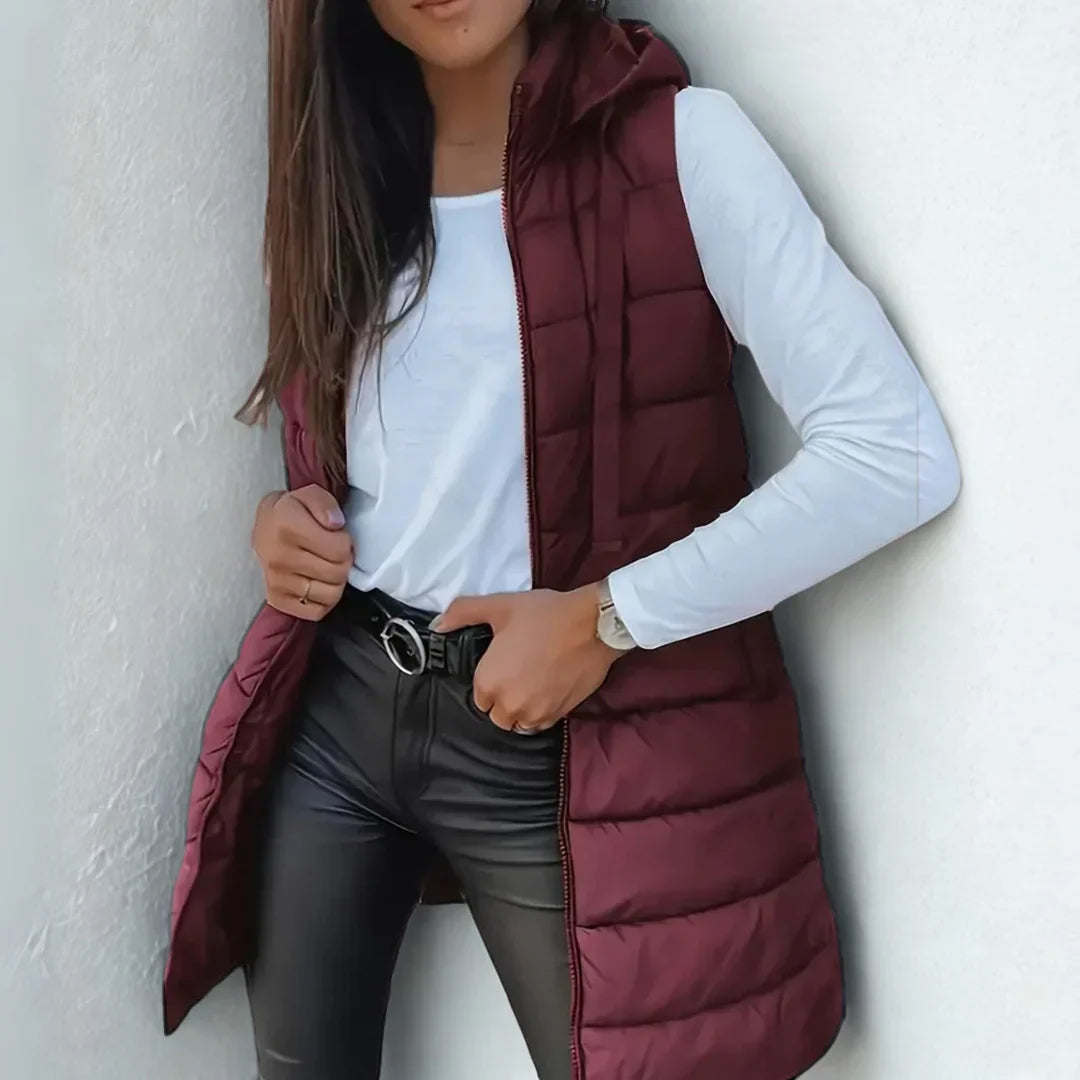 Romy Longline Puffer Vest with Hood and Snap-Free Zip Front