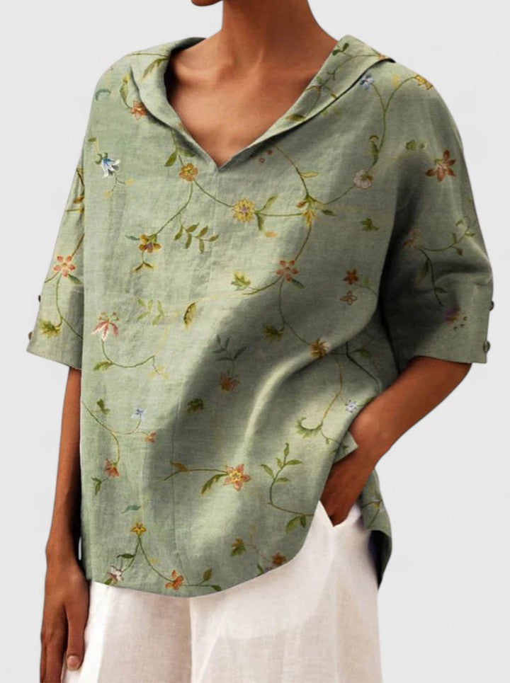 Roselyn Loose Floral Blouse with Short Sleeves and Level Hem - Light Green