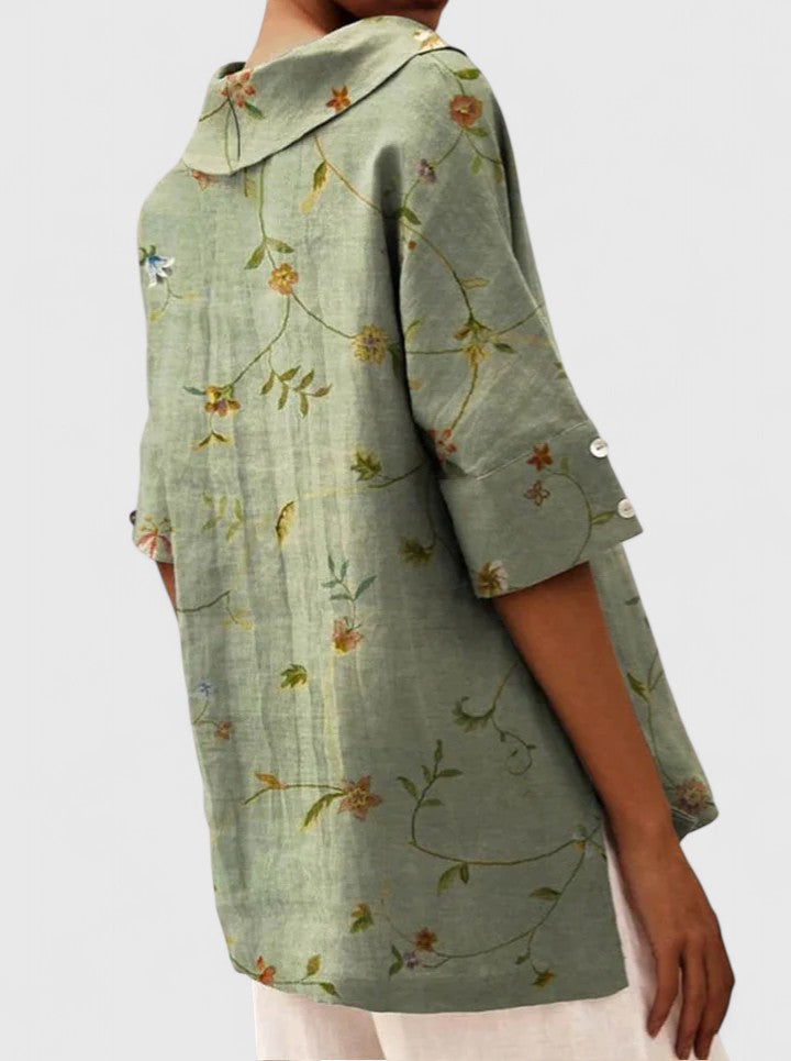 Roselyn Loose Floral Blouse with Short Sleeves and Level Hem - Light Green