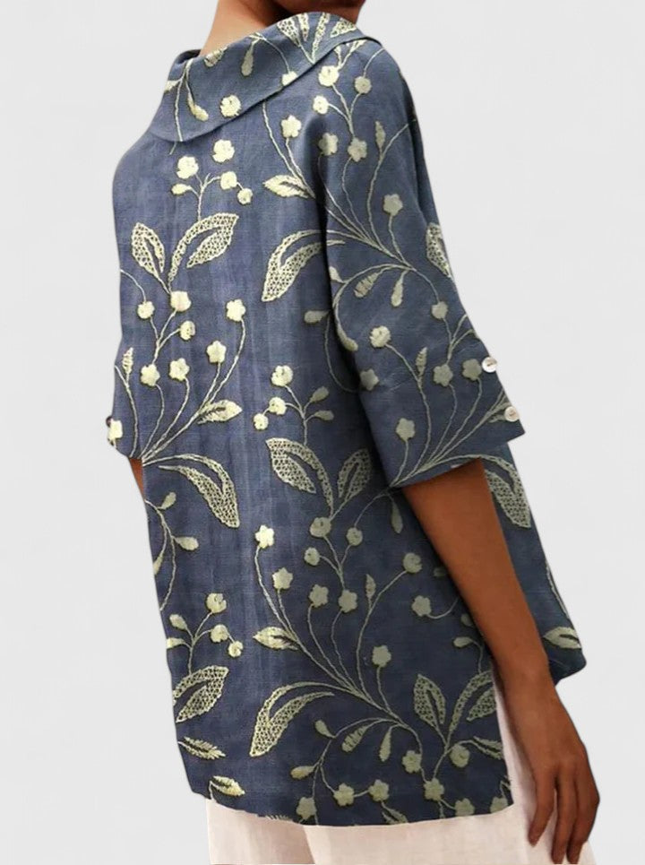 Roselyn Loose Floral Blouse with Short Sleeves and Level Hem - Dark Blue