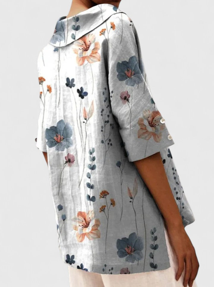 Roselyn Loose Floral Blouse with Short Sleeves and Level Hem - White
