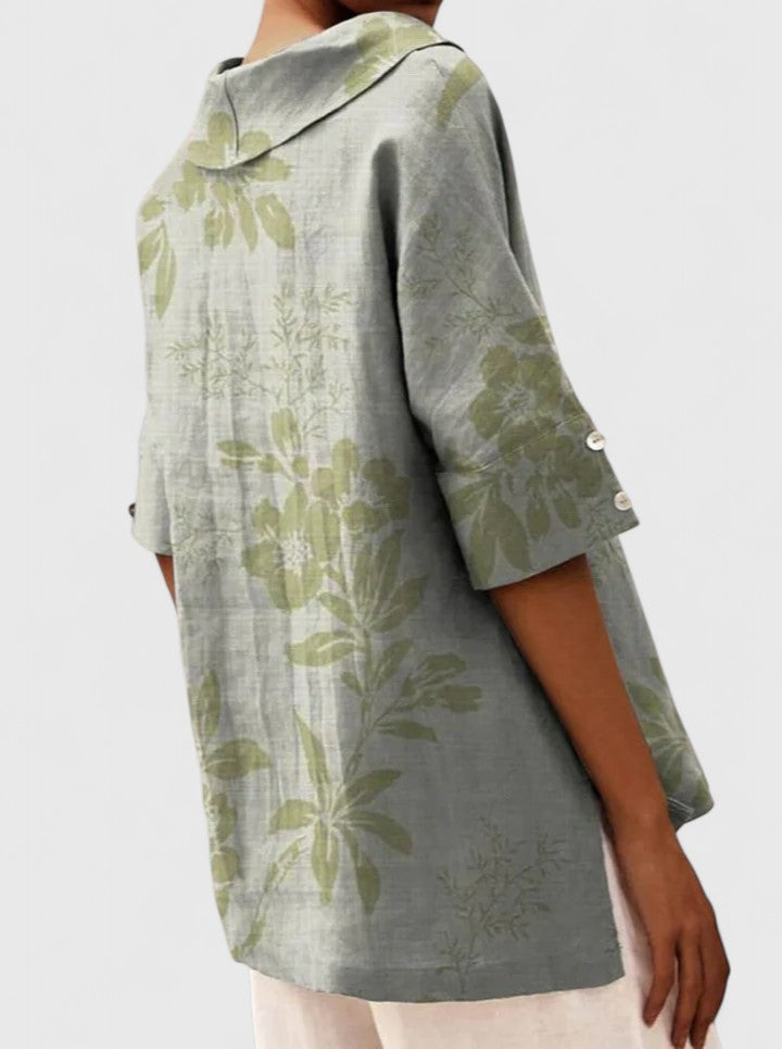 Roselyn Loose Floral Blouse with Short Sleeves and Level Hem - Green