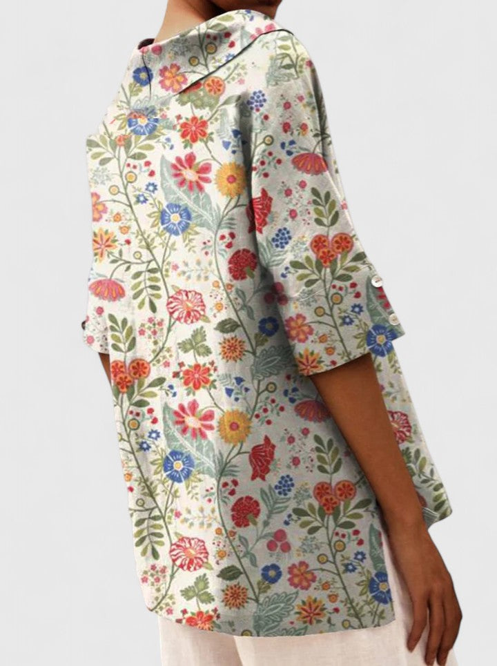 Roselyn Loose Floral Blouse with Short Sleeves and Level Hem - White