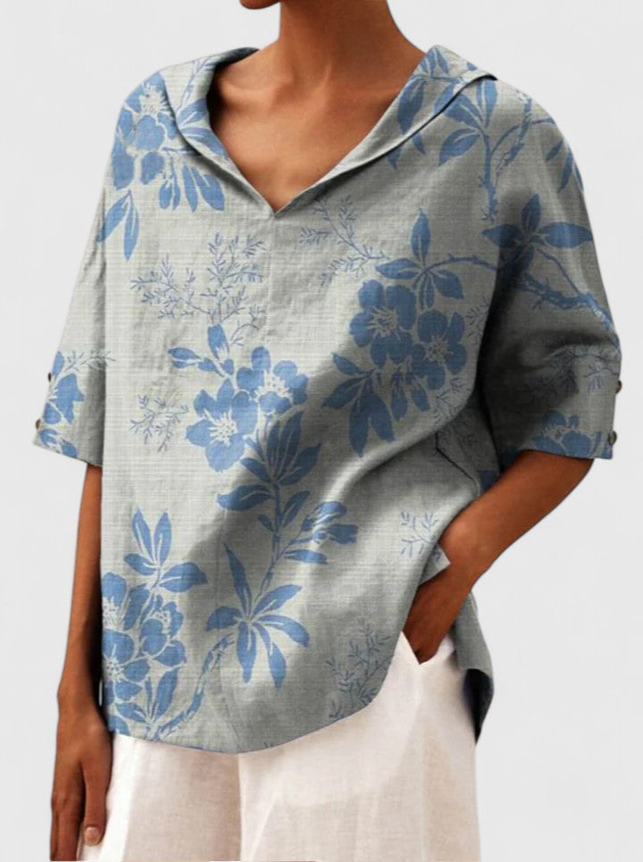 Roselyn Loose Floral Blouse with Short Sleeves and Level Hem - Blue