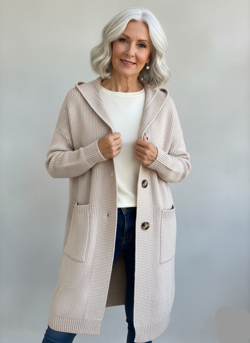 Ruby Longline Hooded Cardigan with Pockets and Open Front - Beige