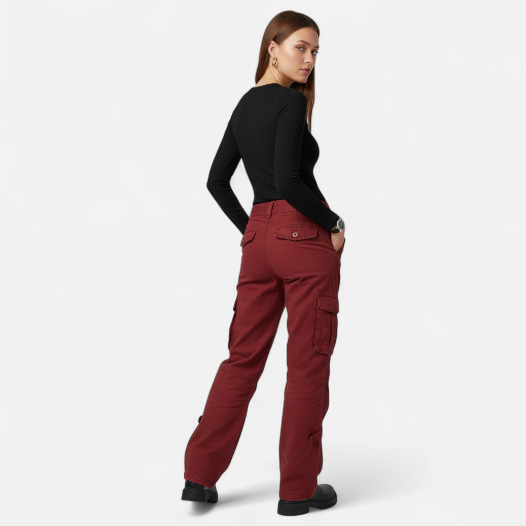 Sarah Cargo Trousers with Flat Leg Pockets and Tapered Hem - Burgundy