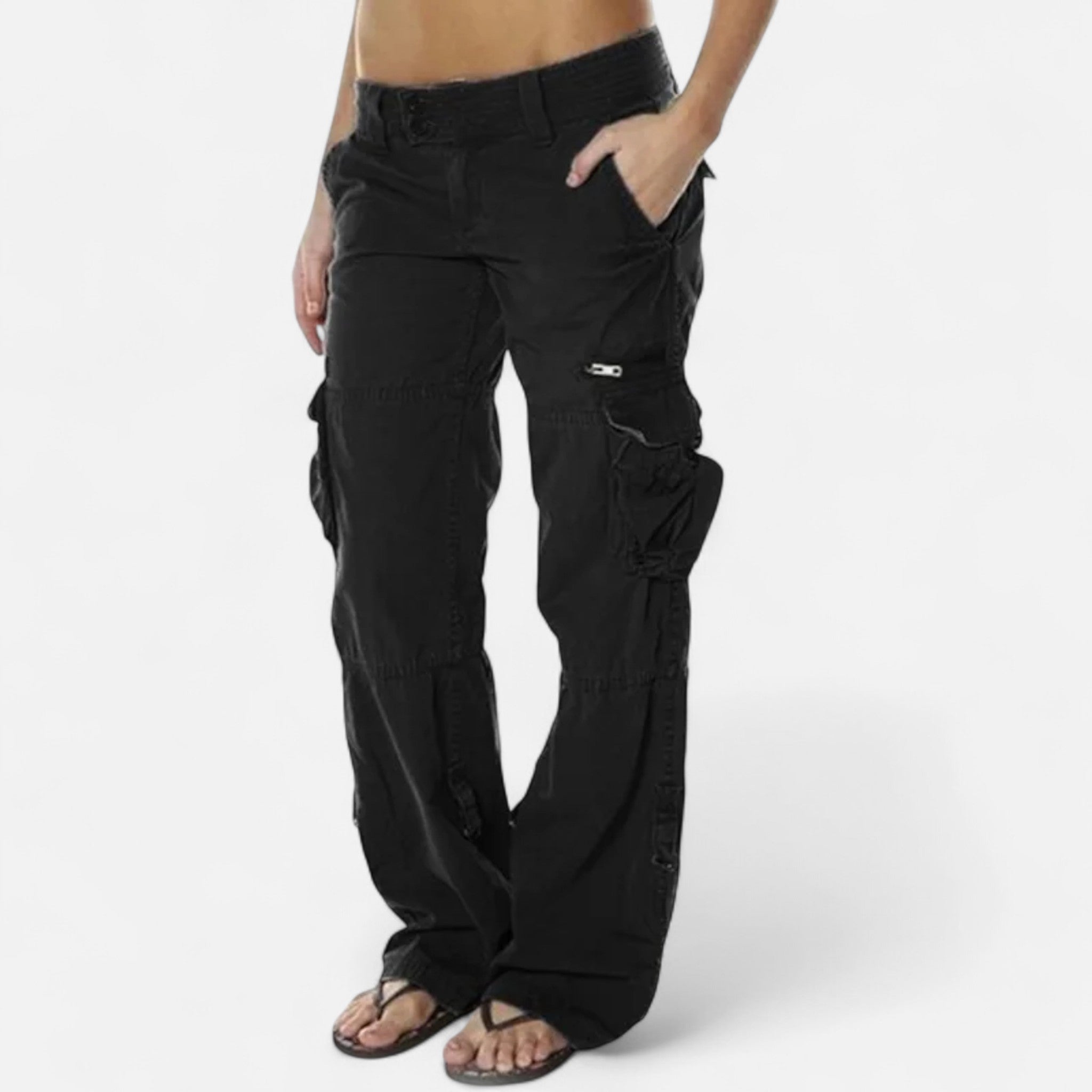 Sarah Cargo Trousers with Flat Leg Pockets and Tapered Hem - Black
