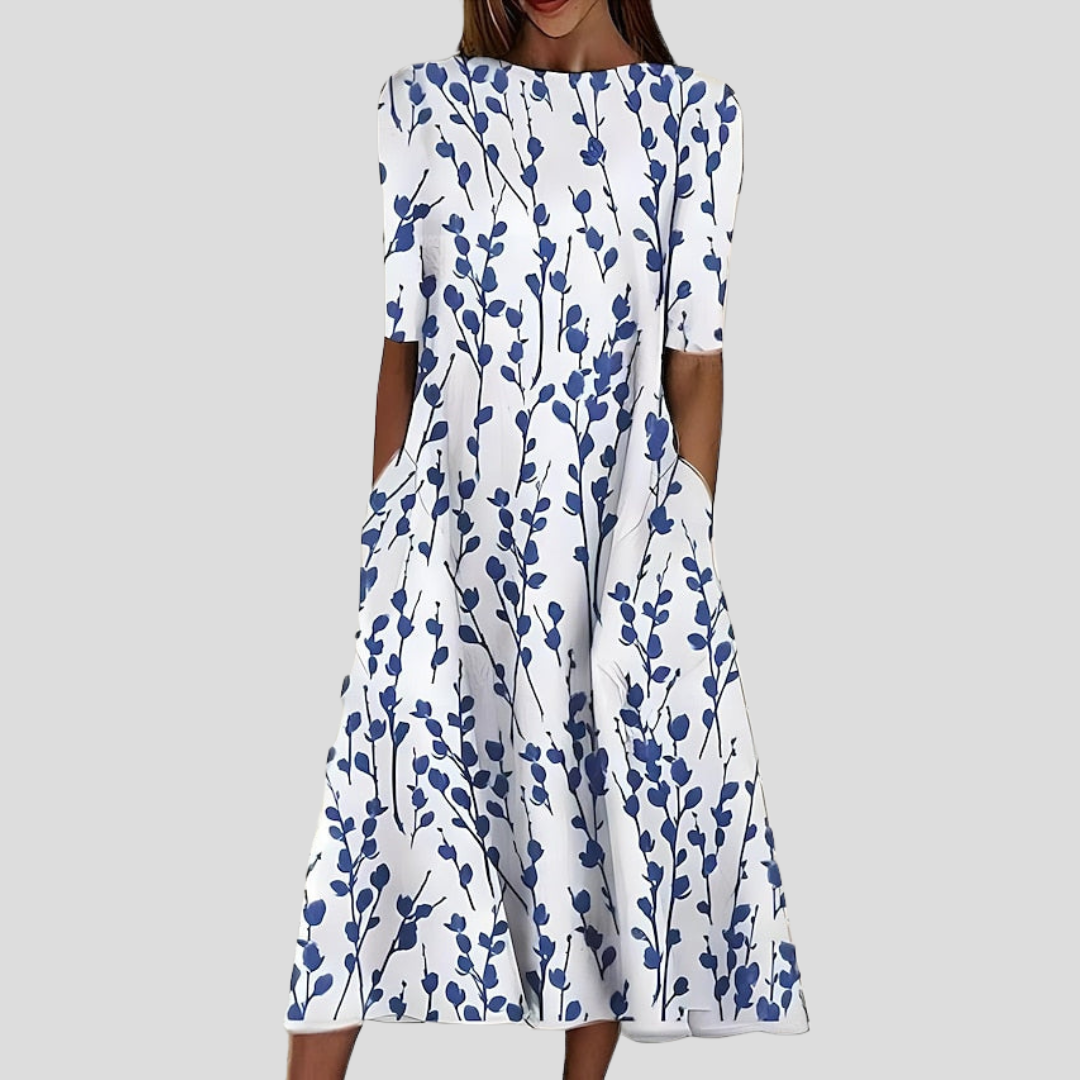 Selia Floral Midi Dress with Elbow Sleeves and Waist Seam - Blue