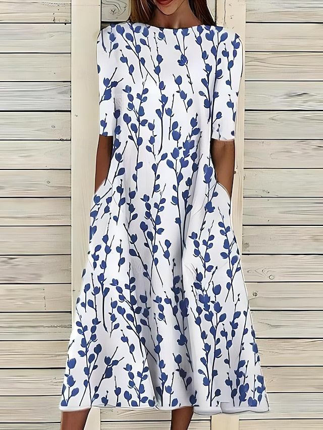 Selia Floral Midi Dress with Elbow Sleeves and Waist Seam - Blue