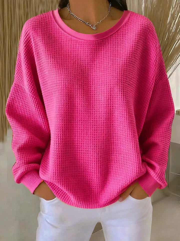 Sevira Waffle Knit Sweater with Relaxed Body and Ribbed Hem - Bright Pink
