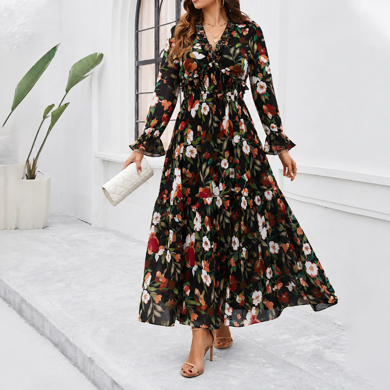 Shiela Floral Maxi Dress with Long Sleeves and Waist Seam - Black