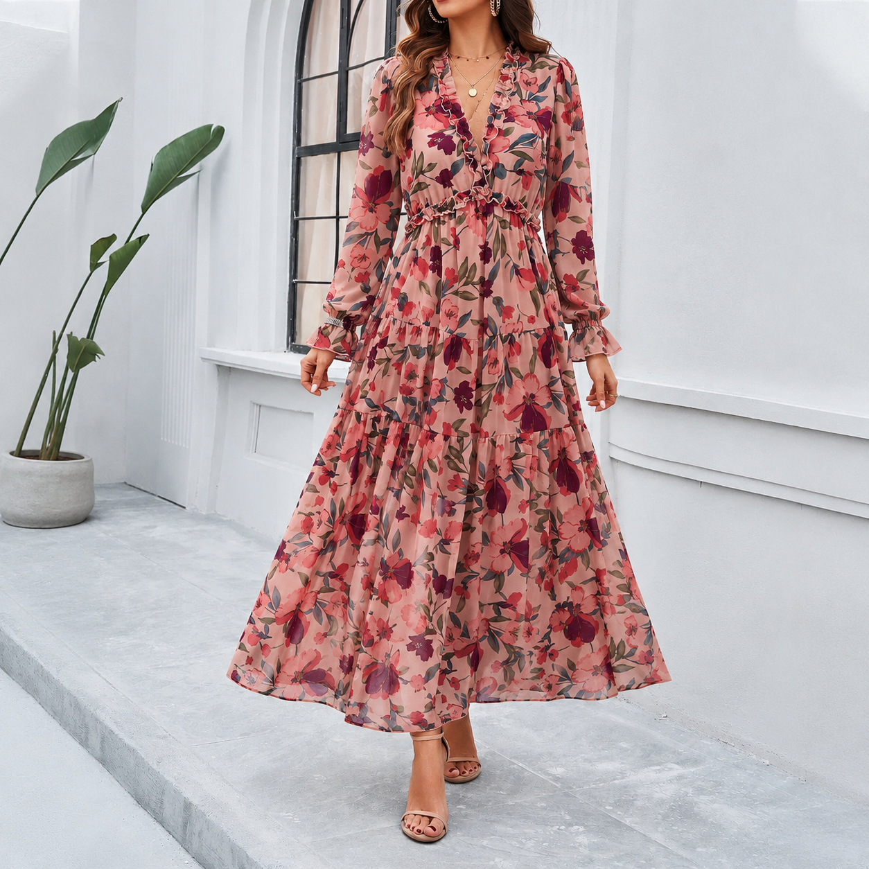 Shiela Floral Maxi Dress with Long Sleeves and Waist Seam - Pink