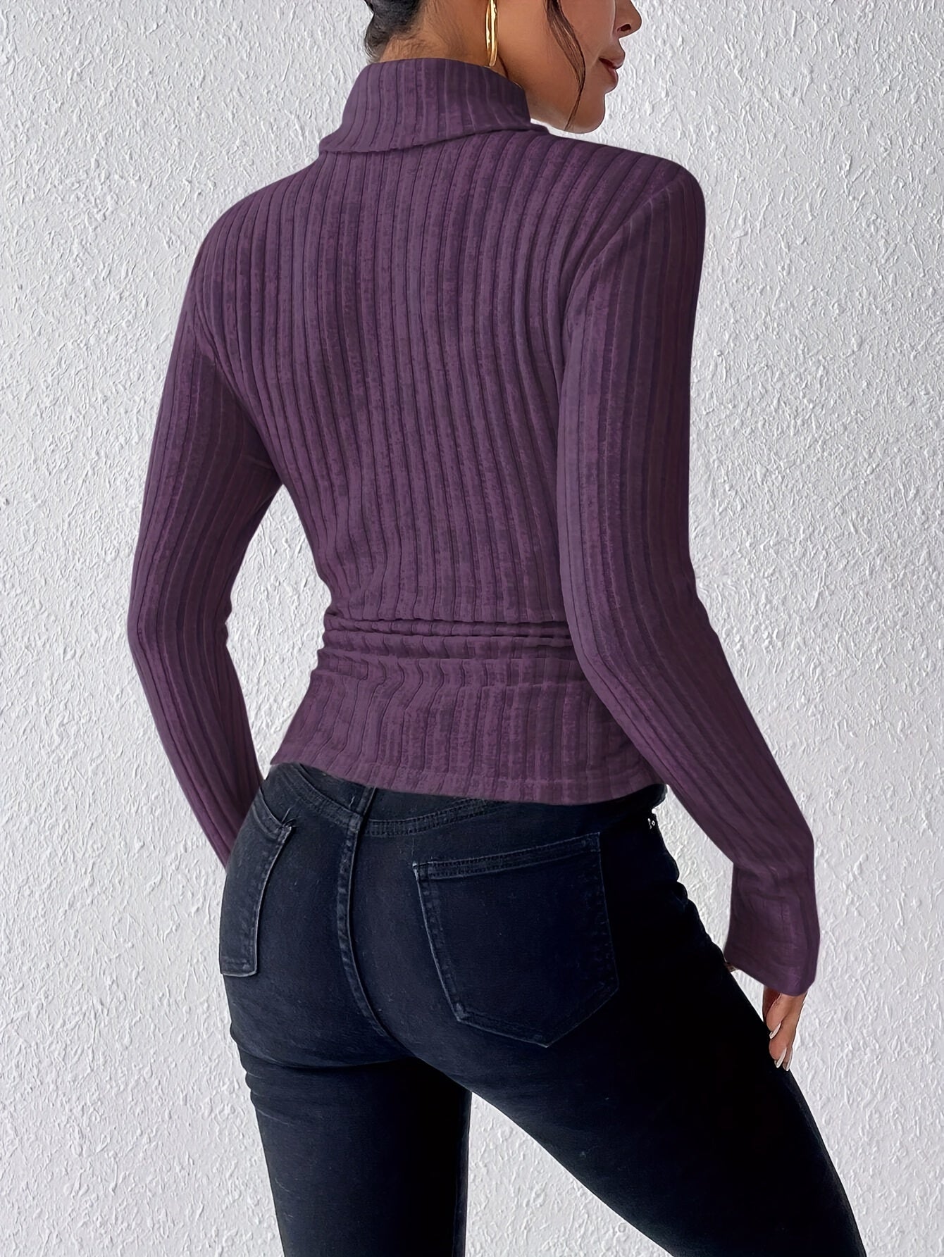 Sieglinde Ribbed Turtleneck with Slim Body and Fold-Over Collar - Purple