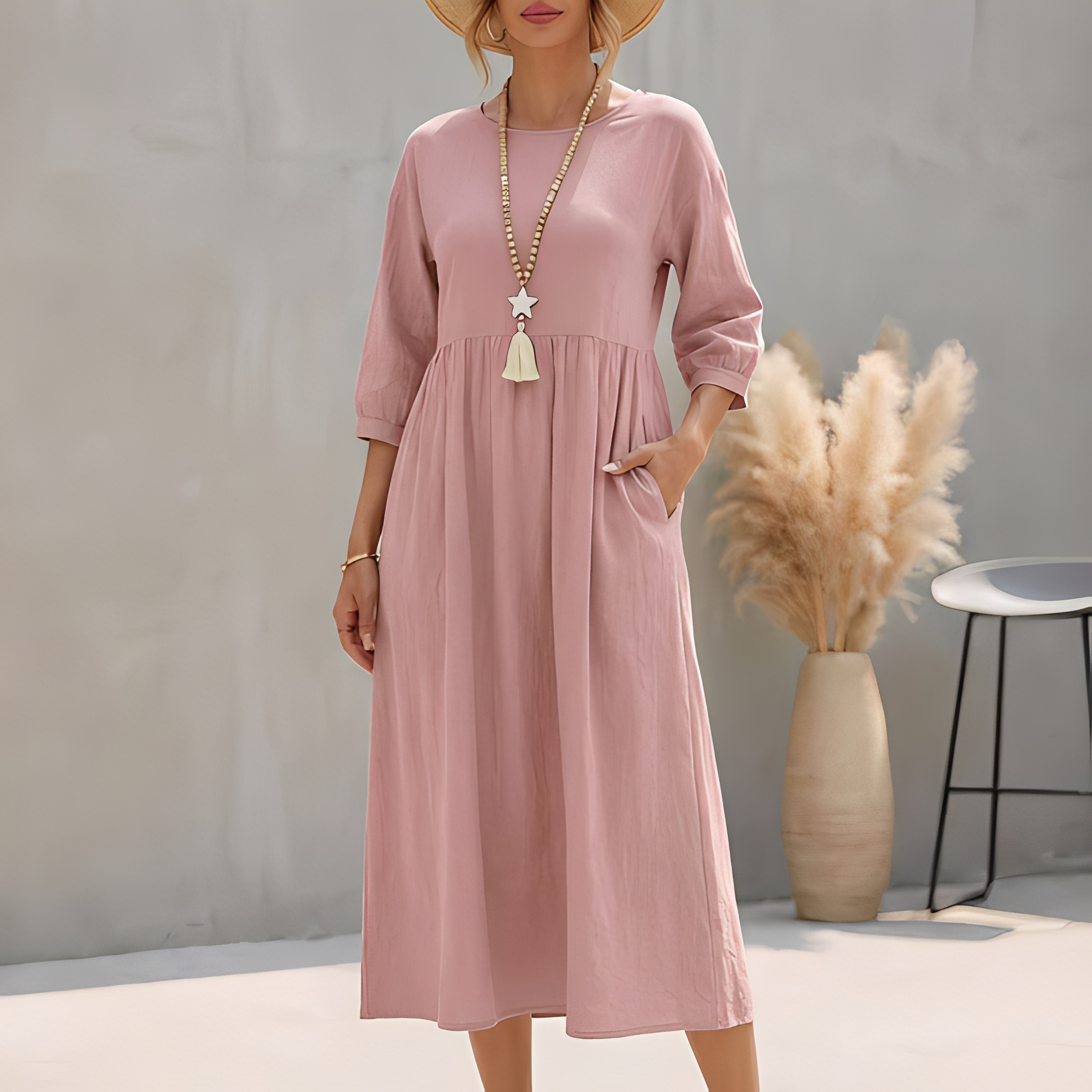 Somina Panelled Midi Dress with Long Sleeves and High Neck - Pink