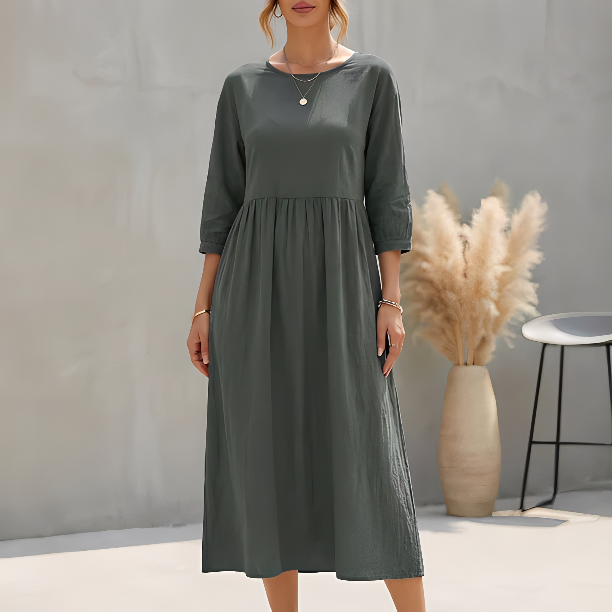 Somina Panelled Midi Dress with Long Sleeves and High Neck - Gray