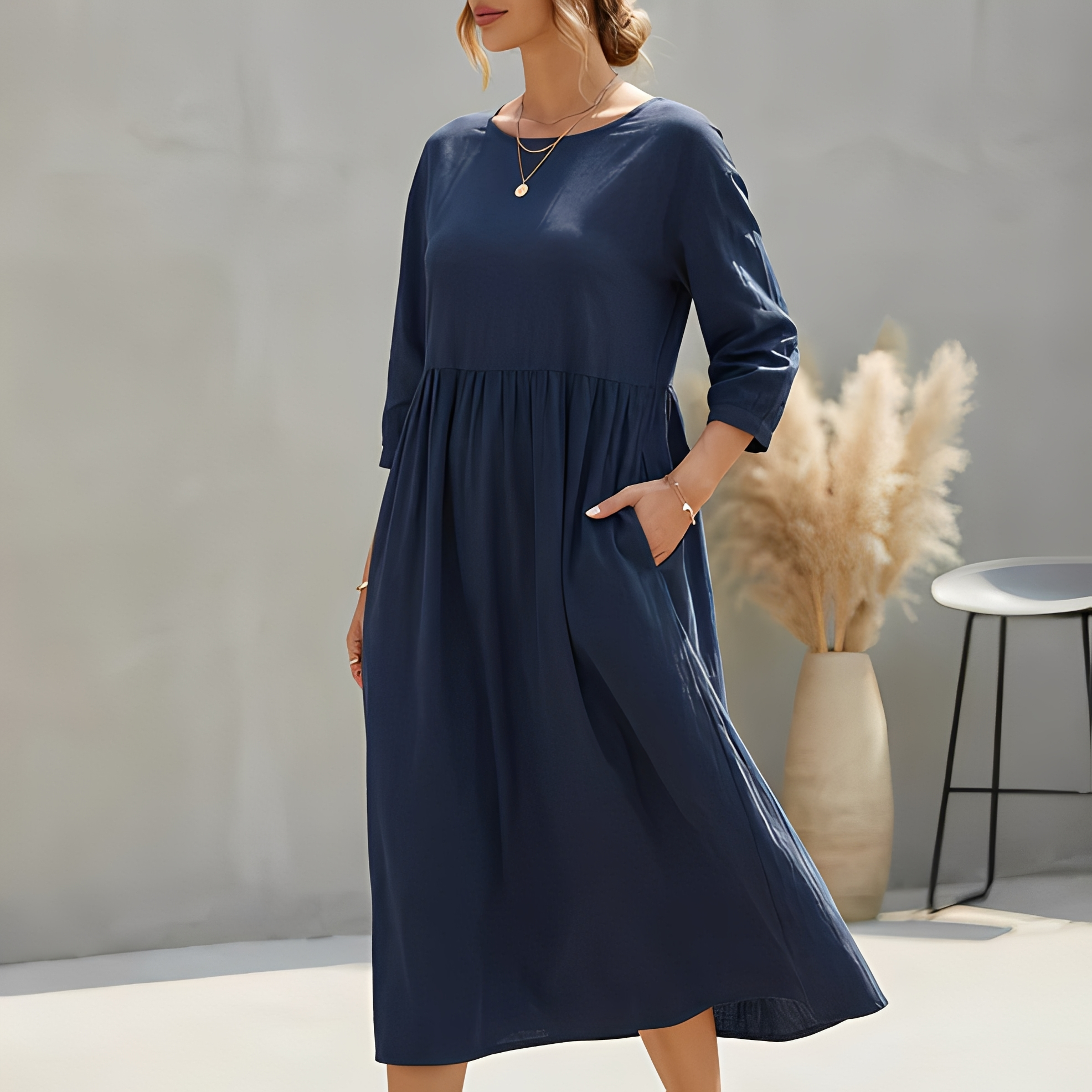 Somina Panelled Midi Dress with Long Sleeves and High Neck - Dark Blue