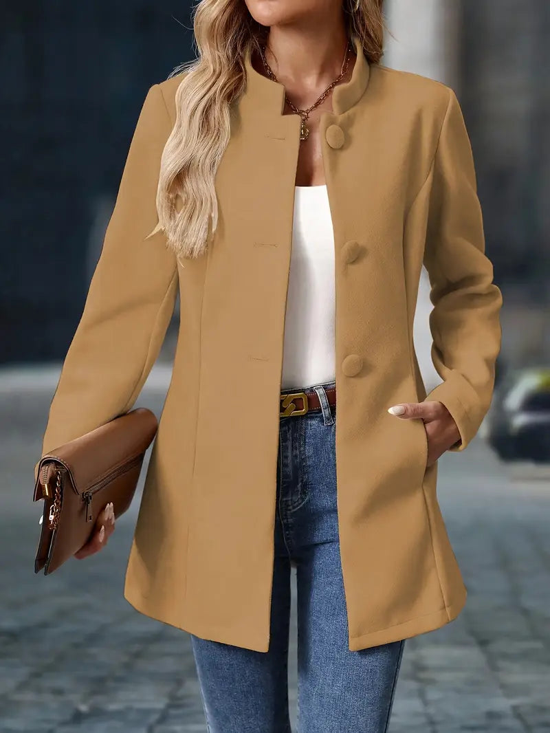 Sonia Collarless Longline Blazer with Open Front Panels - Camel