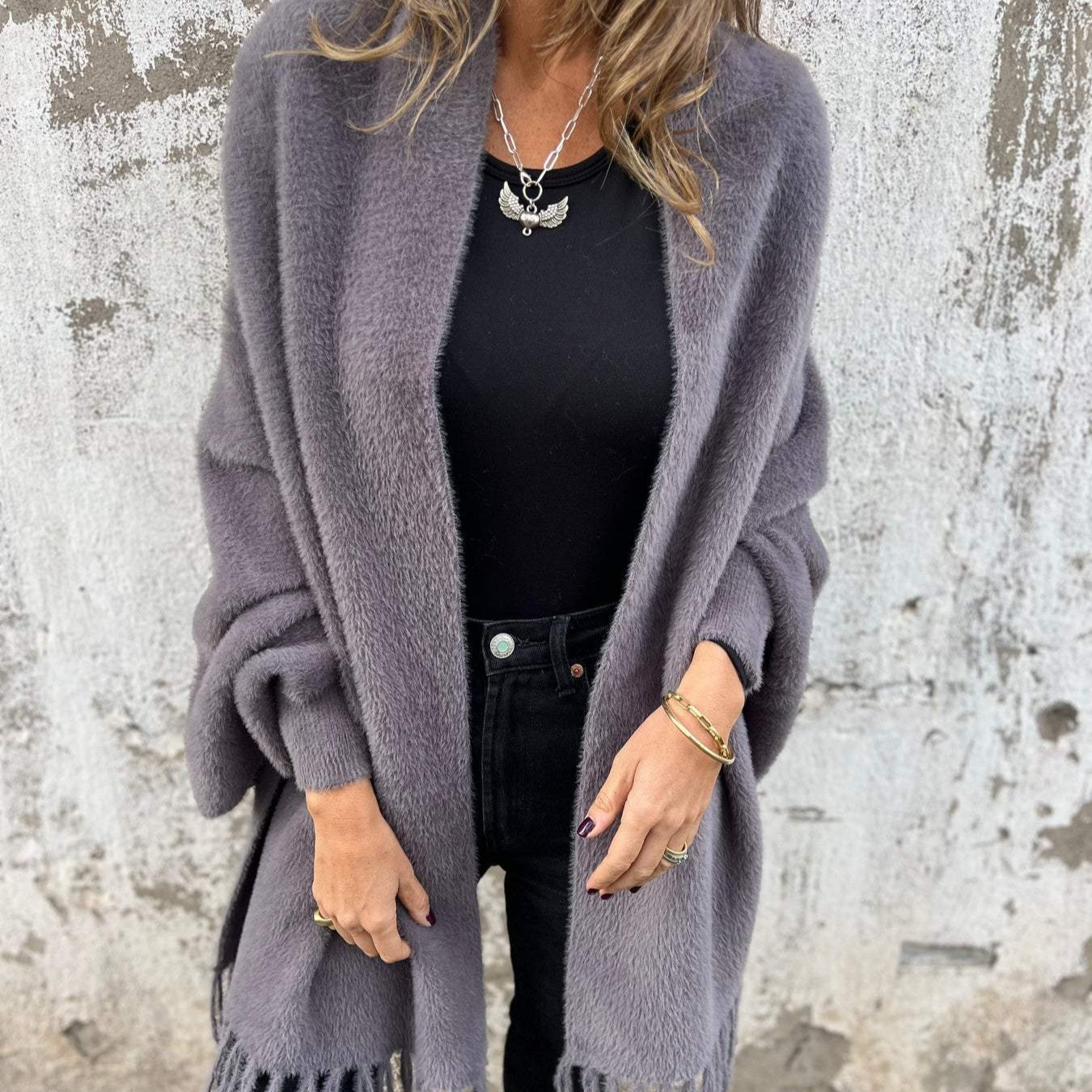 Swantje Long Cardigan with Fringed Hem and Zip - Gray