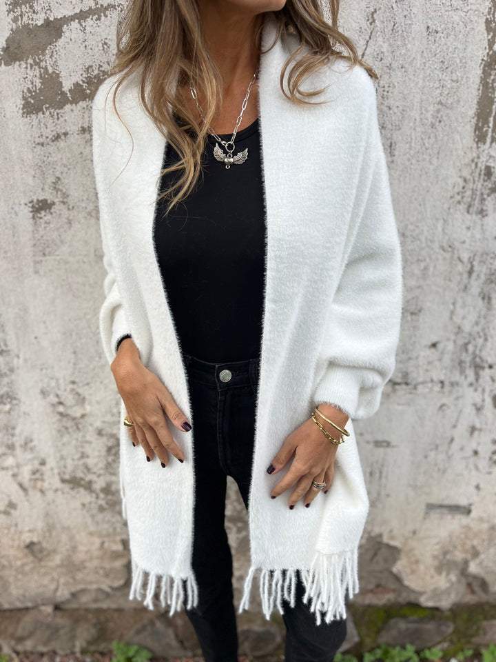 Swantje Long Cardigan with Fringed Hem and Zip - White
