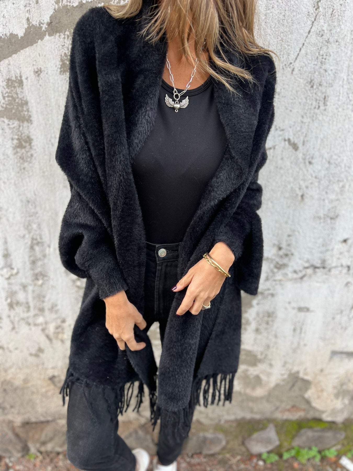 Swantje Long Cardigan with Fringed Hem and Zip - Black